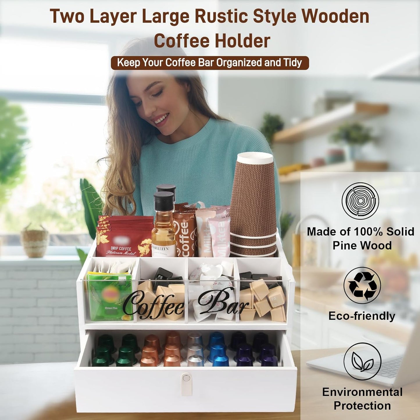 2-Tier Coffee Bar Organizer with Clear Acrylic Top, Built-in Drawer and Leather Handle Pull for Countertop, Stylish Coffee Station Storage Box for Accessories, Pods, Great Gifts for Home