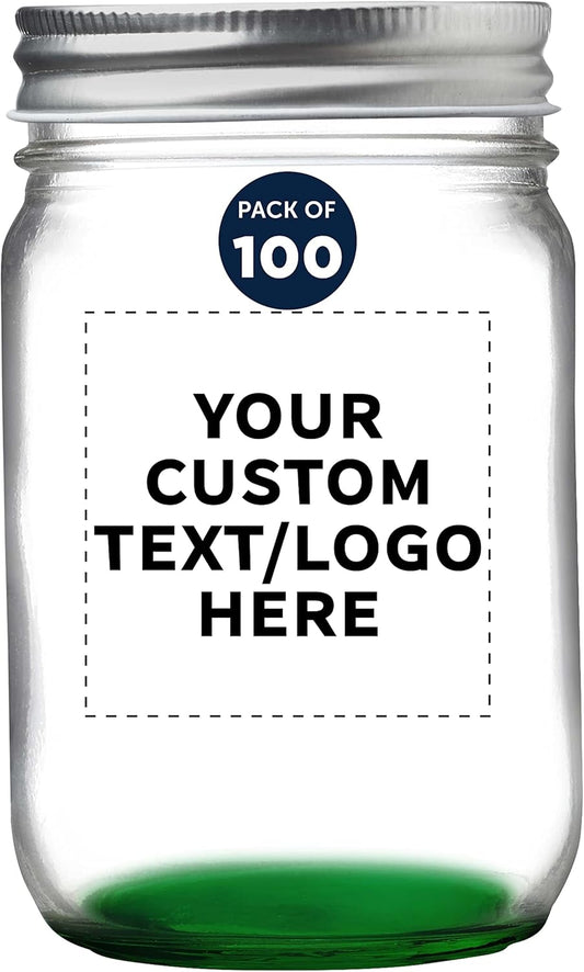 DISCOUNT PROMOS 100 Decorating Mason Jars Set, 12 oz. - Customizable Text, Logo - Canning, Aluminum Lid - Green