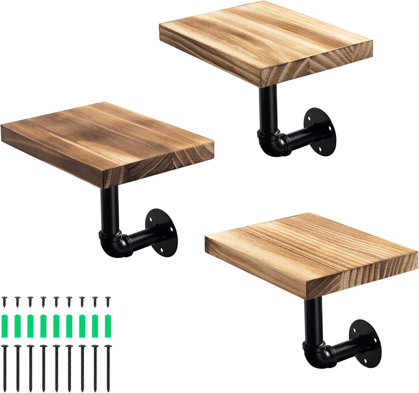 Navaris Industrial Pipe Shelf Set - 3 Small Wooden Shelves with Black Pipe Brackets - 5.9" x 7.9" Wall-Mounted Wood Shelving - Size S, Burnt Brown