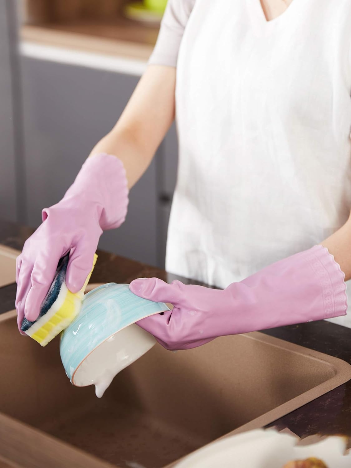 LANON 3 Pairs wahoo Skin-Friendly Cleaning Gloves, Dishwashing Kitchen Gloves with Cotton Flocked Liner, Reusable, Non-Slip, Mauve Mist, Large