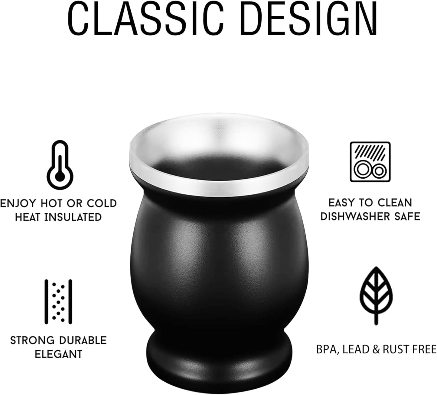 LA FEE Yerba Mate Natural Gourd/Tea Cup Set Brown (Original Traditional Mate Cup - 8 Ounces)，Includes Yerba Mate Straw & Cleaning Brush，Stainless Steel | Double-Walled | Easy to Clean (Black)