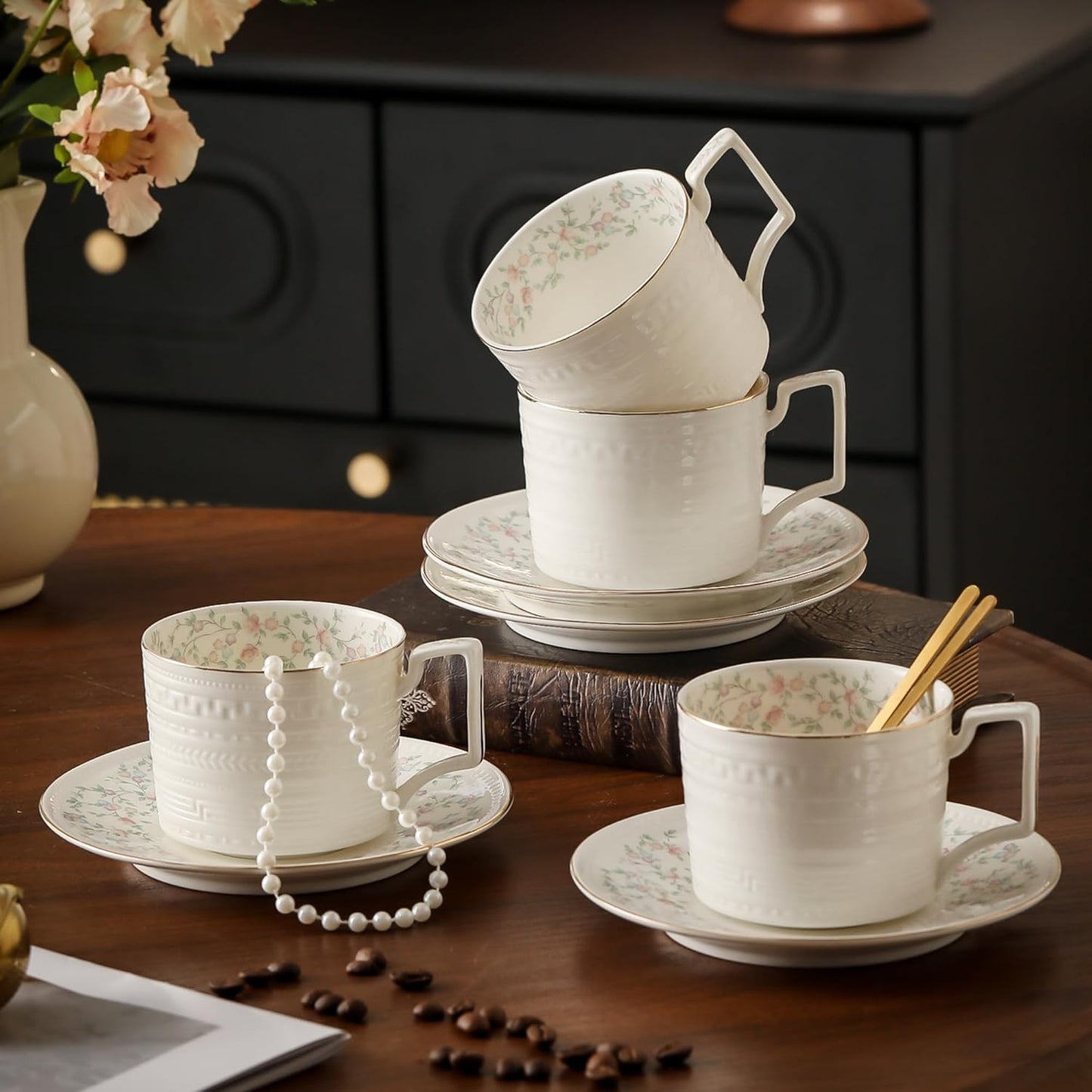 8.8 oz Cappuccino Cups with Saucers and Spoons,Embossed Bone China tea cups and Saucer Sets,3 Pieces, Vintage Style,Coffee Cup & Saucer Set For Women Wedding/Birthday/Christmas Gift