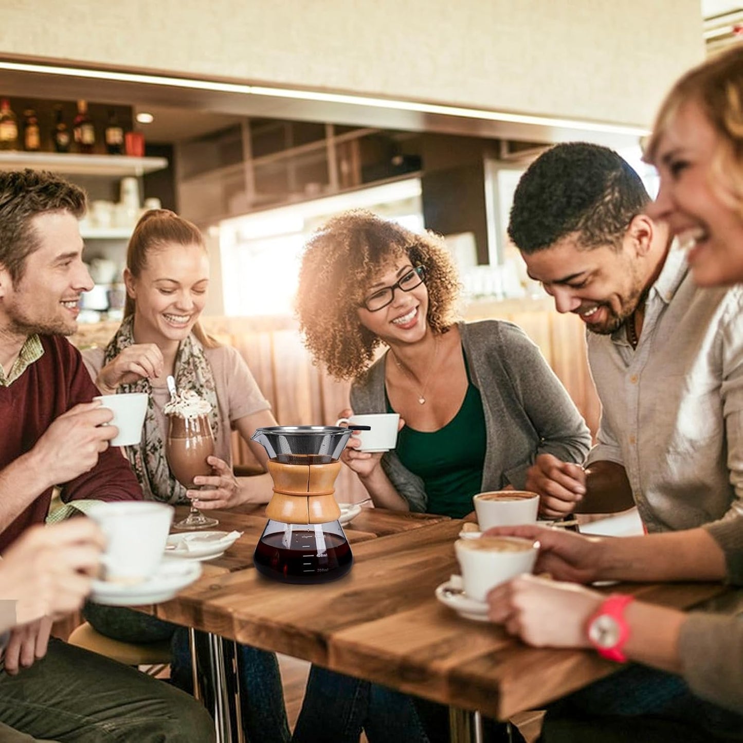 Pour Over Coffee Maker with Reusable Stainless Steel Drip Filter, Lead-Free Borosilicate Glass Coffee Carafe with Modern Wooden Collar for 1-6Cup, Circular Clear (800ml/27oz)