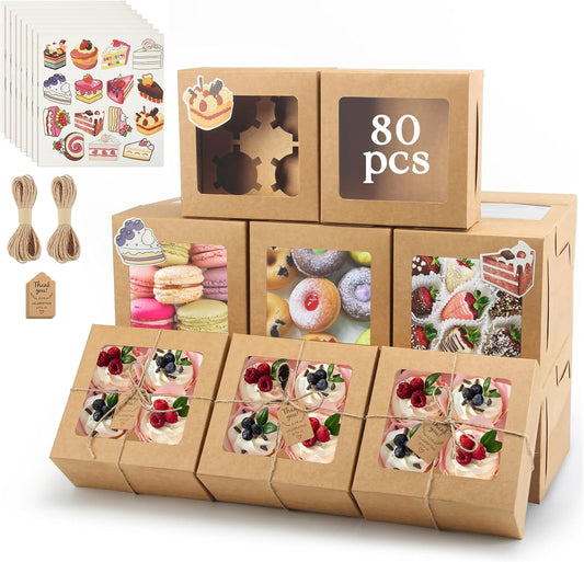 OAMCEG 80 Pack Cookie Boxes with Window, 6x6x3 Inches Brown Bakery Treat Boxes with Stickers & Twine for Pastry, Desserts, Strawberries, Cupcakes, Gift Giving