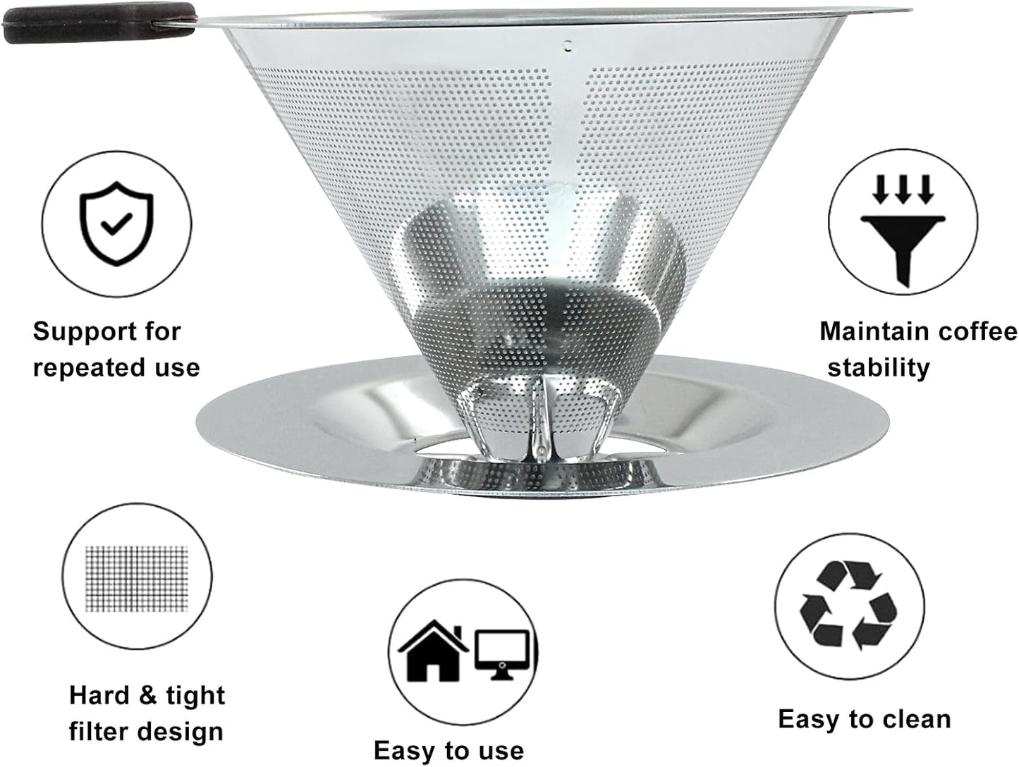 Waziaqoc Pour Over Coffee Dripper, Reusable Paperless Coffee Filter for 1-2 Cups, Stainless Steel Drip Cone Brew Coffee Strainer,Upgraded Double Micro Mesh Filter with Cup Stand
