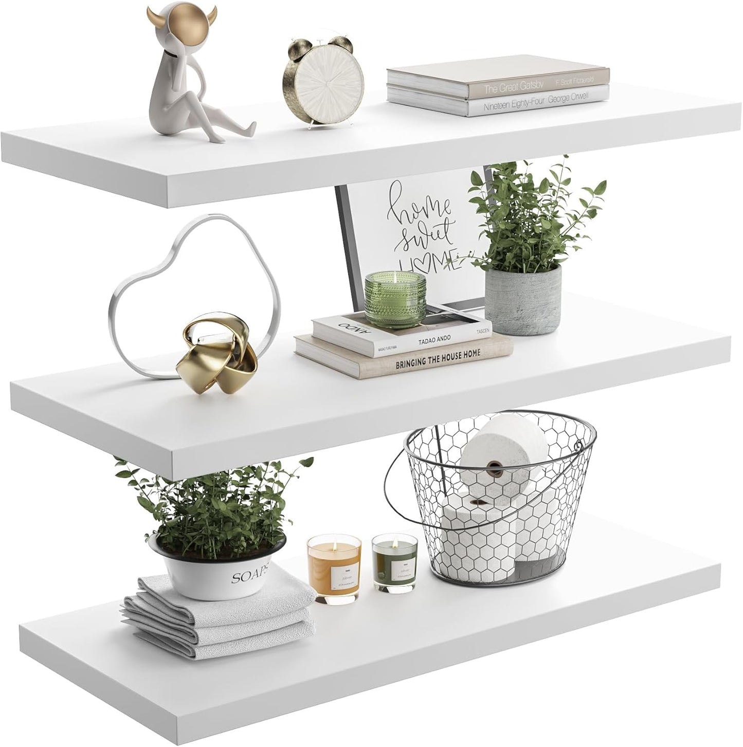 Wall Shelf Set of 3, White Floating Shelves 30 in W x 10 in D x 1 in H, Wooden Floating Wall Shelf with Invisible Brackets for Living Room/Bedroom/Bathroom/Kitchen Storage and Decor