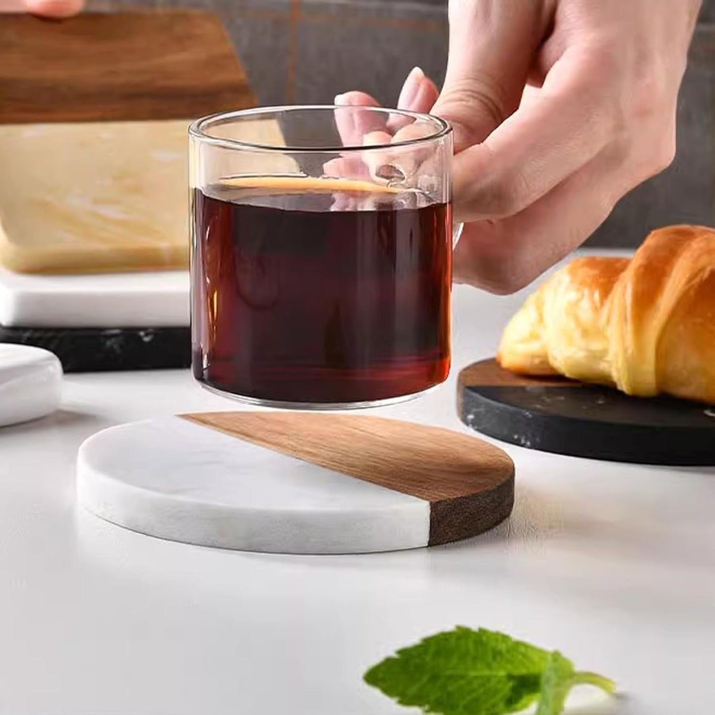 I-LAN 8Packs Round Natural Wood and Marbel Style Drink Coasters for Coffee Wooden Table, Drink Bar Coaster Set/Tea Table Coasters for Living Room,Beer Cans,Bar Glasses,4 x 4 Inch