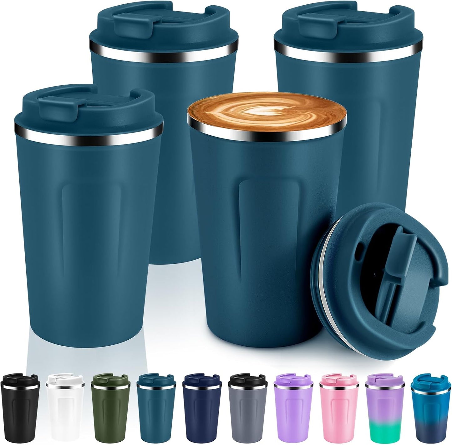 Volhoply 12 oz Double Wall Insulated Vacuum Travel Coffee Mug with Flip Lid Bulk 4 Pack,Reusable Stainless Steel Leak Proof Coffee Cups,Portable Cafe Thermal Tumbler for Hot & Cold Drinks(Bule,4 Set)