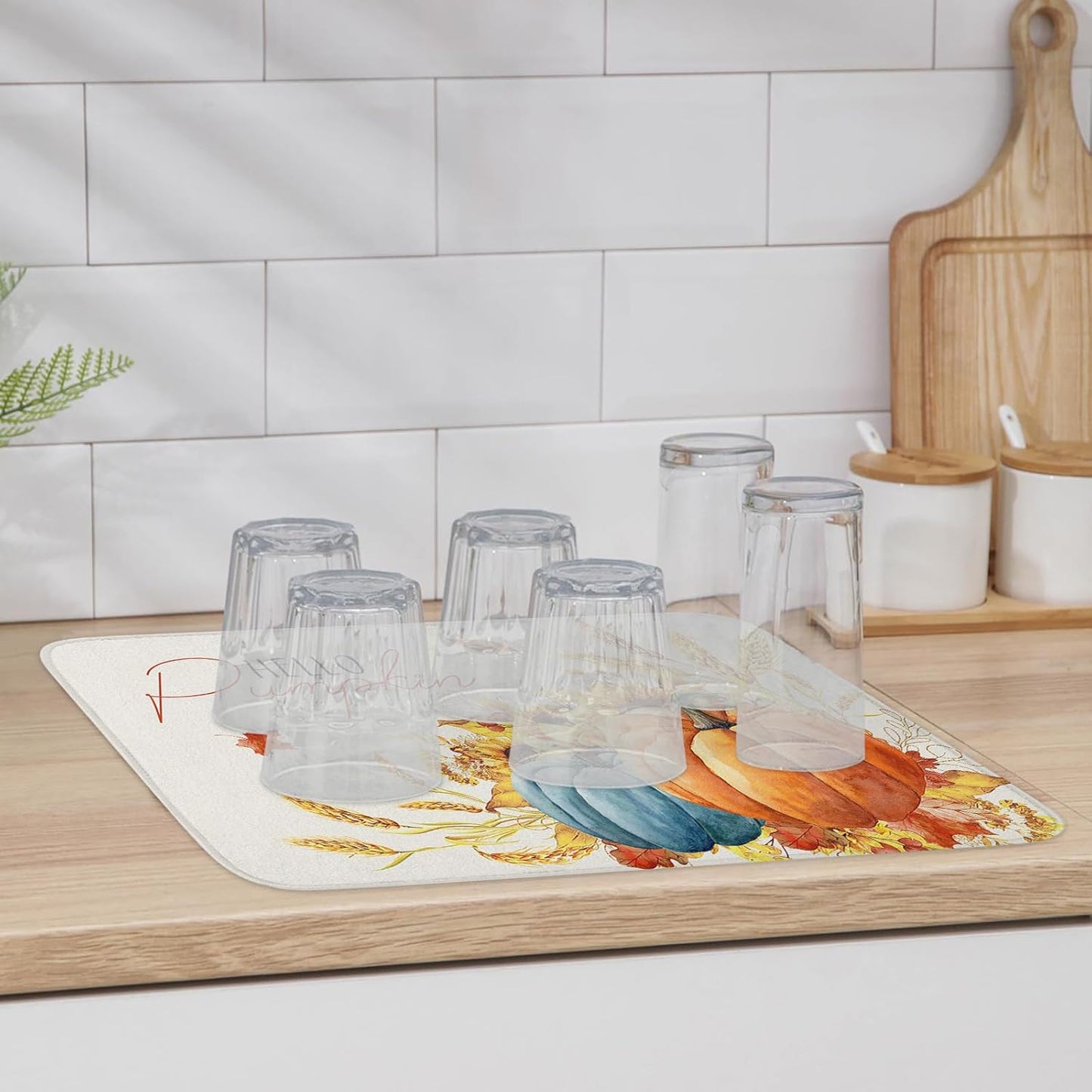 Fall Dish Drying Mat for Kitchen Counter Hello Pumpkin Drying Pad Absorbent Drying Mats for Countertops Sinks Draining Racks Sunflower Ears of Wheat Drainer Holiday Harvest Thanksgiving Decor 16x18