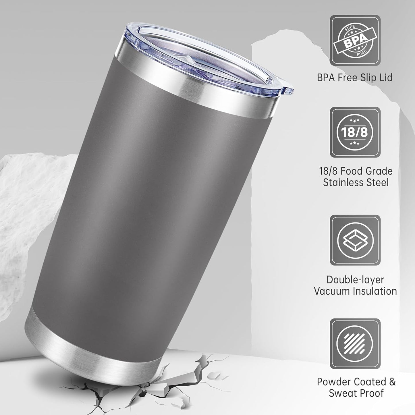 20 oz Tumblers Bulk Stainless Steel Tumbler with Lid Double Wall Vacuum Insulated Coffee Mug 20oz Powder Coated Cup for Hot and Cold Drinks, Gray, 6 pack