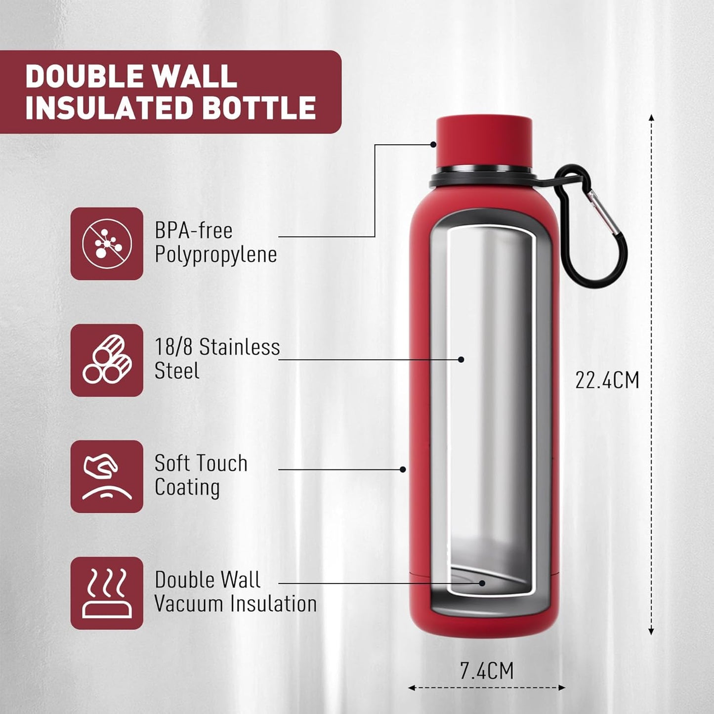 Slim Insulated Water Bottles for Travel 18oz with Clip, Double Wall Vacuum Stainless Steel Water Bottle Keeps Drinks Cold 24 Hrs/Hot 12 Hrs, 100% Leakproof, BPA Free（Red）