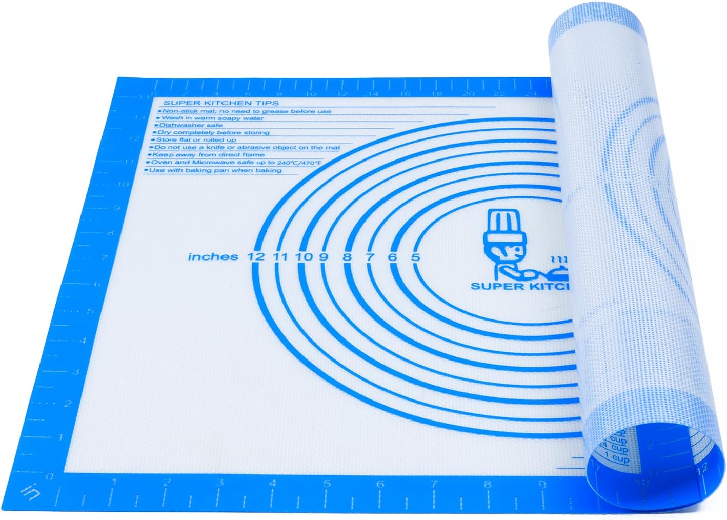 Nonstick Silicone Pastry Baking Mat Large with Measurements 16''By 20'' for Silicone Baking Mat, Counter, Dough Rolling/Pie Crust Pad By Folksy Super Kitchen (16×20, Blue)