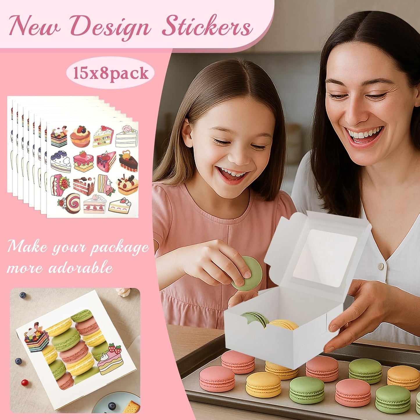 OAMCEG 80 Pack Cookie Boxes with Window 6x6x3 Inches White Cupcake Boxes, Bakery Treat Boxes with Stickers & Twine for Pastry, Desserts, Strawberries, Cupcakes, Gift Giving