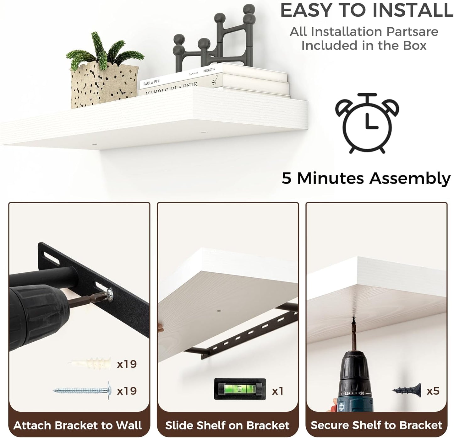 Floating Shelves - 2 Large Wall Mounted Shelves with Invisible Brackets, Long Wood Floating Wall Shelf for Living Room, Bedroom, Kitchen (White, 36" W x 9" D x 1.5" H)