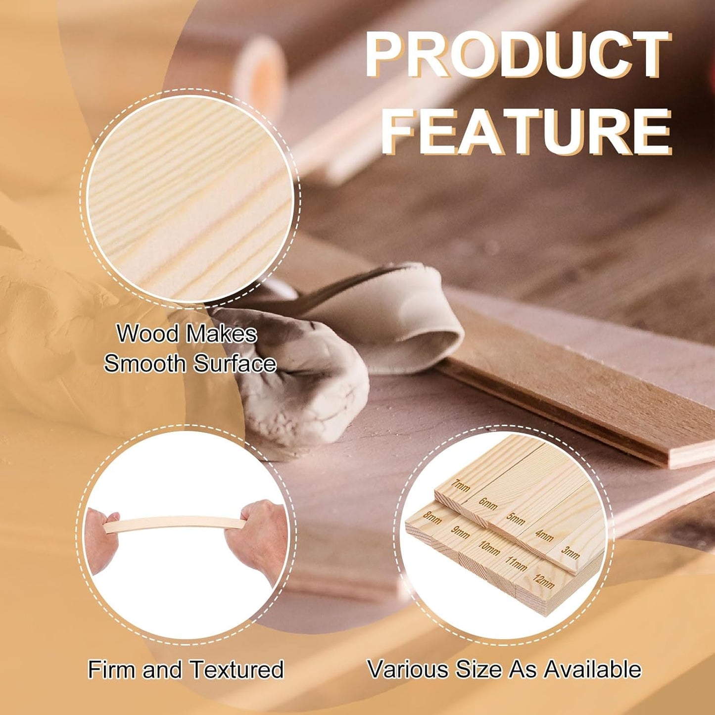 MECCANIXITY 8Pcs Pottery Teaching Rolling Mud Stick Guides, 13" x 0.8" Wood Clay Roller 3 6 9 12mm Thick Ceramic Tools Strips Rolling Guides for Clay Thickness DIY Craft