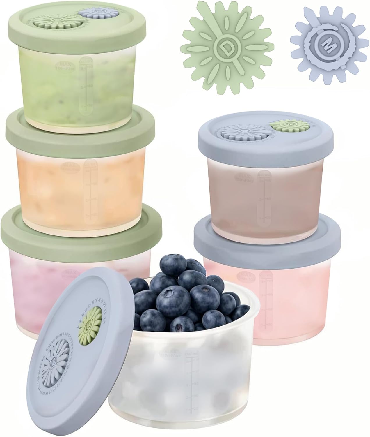 Silicone Baby Food Containers with Date-Tracking Lids, 6-Pack Reusable Snack Containers Food Storage Jars for Infants, Microwave, Dishwasher & Freezer Safe, 3 Sizes