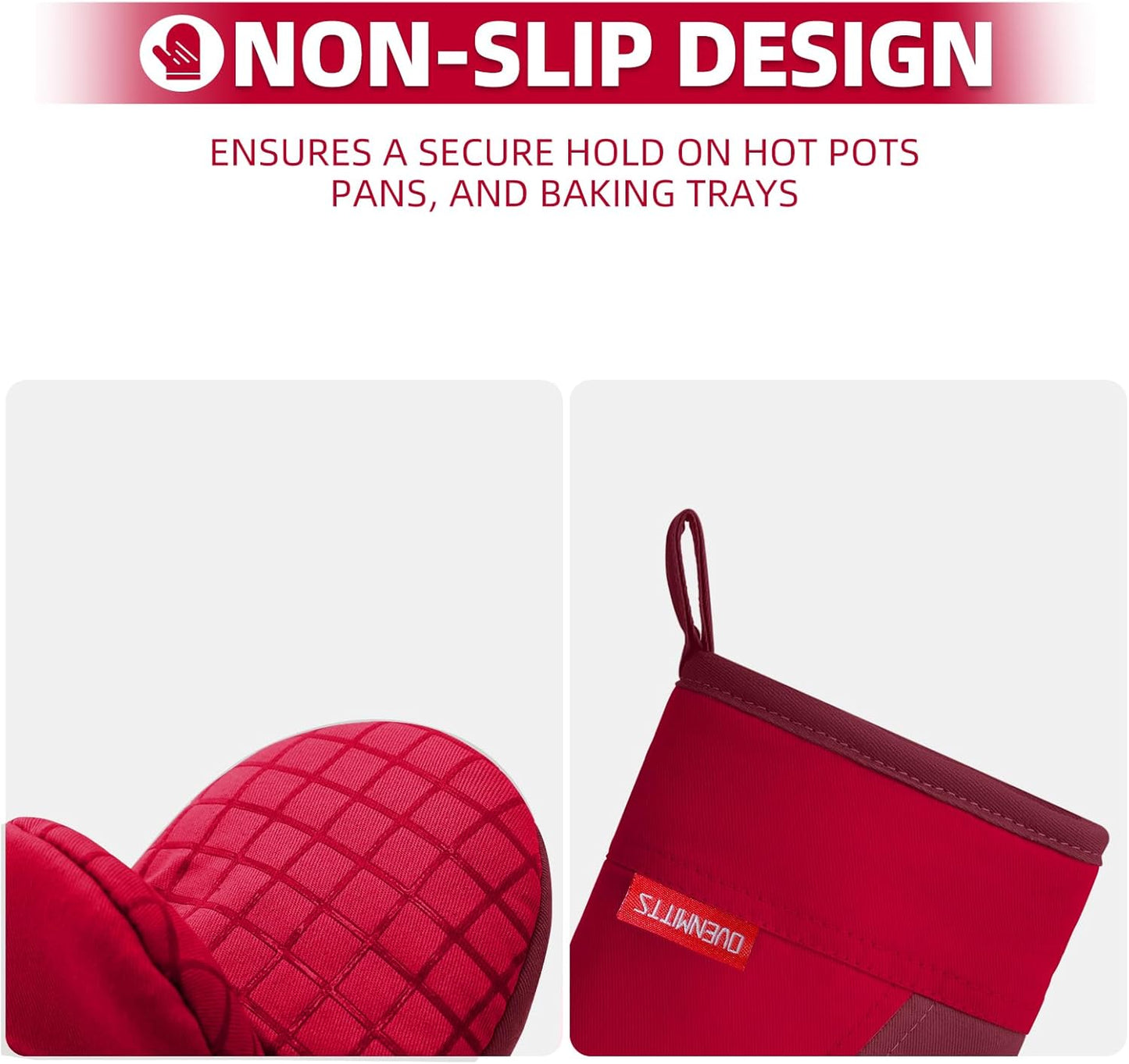 Mini Oven Mitts, Kitchen Oven Gloves Kitchen Mittens 500 Degrees Heat Resistant Baking Gloves, Non-Slip Silicone Surface with Hanging Loops Hot Gloves for Cooking, Baking, BBQ 1 Pair-Red