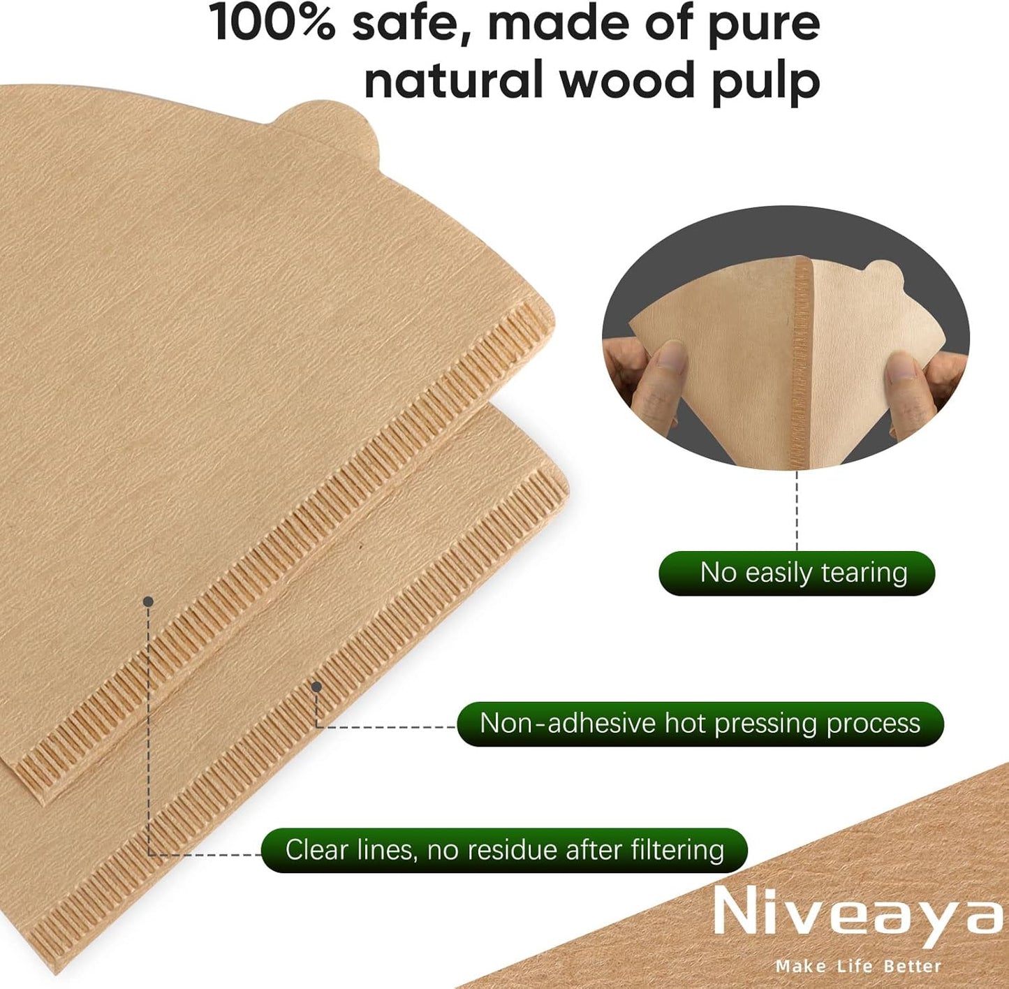 Niveaya 200 Count Coffee Filters - Size 02, Natural Paper Coffee Filter, No Blowout, Disposable for Pour Over and Drip Coffee Maker (2-4 Cup)