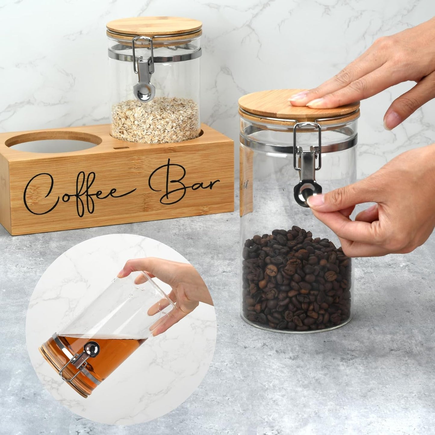 Glass Coffee Canister Set with Bamboo Shelf & Spoon - 2 Airtight Containers (47oz Each) for Coffee Beans, Ground Coffee, Sugar, Flour - Borosilicate Glass & Bamboo Lid with Silicone Seal