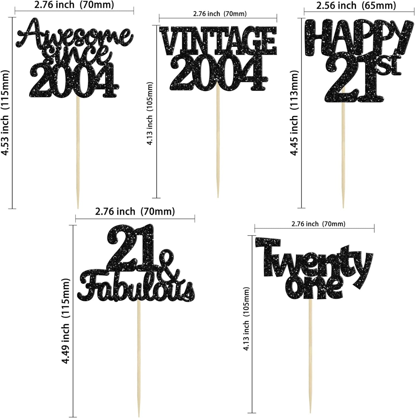 Gyufise 30pcs Vintage 2004 Cupcake Toppers Glitter Twenty-One Happy 21st Cupcake Picks Fabulous Anniversary Party Supplies Black