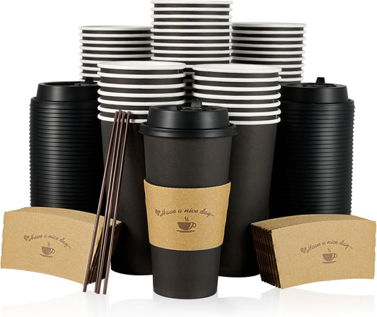 LITOPAK 50 Pack 20 oz Paper Coffee Cups for Hot Chocolate Drinks, Black Disposable Coffee Cups with Lids, Sleeves and Stirring Sticks for Parties, Picnic, Travel, and Events