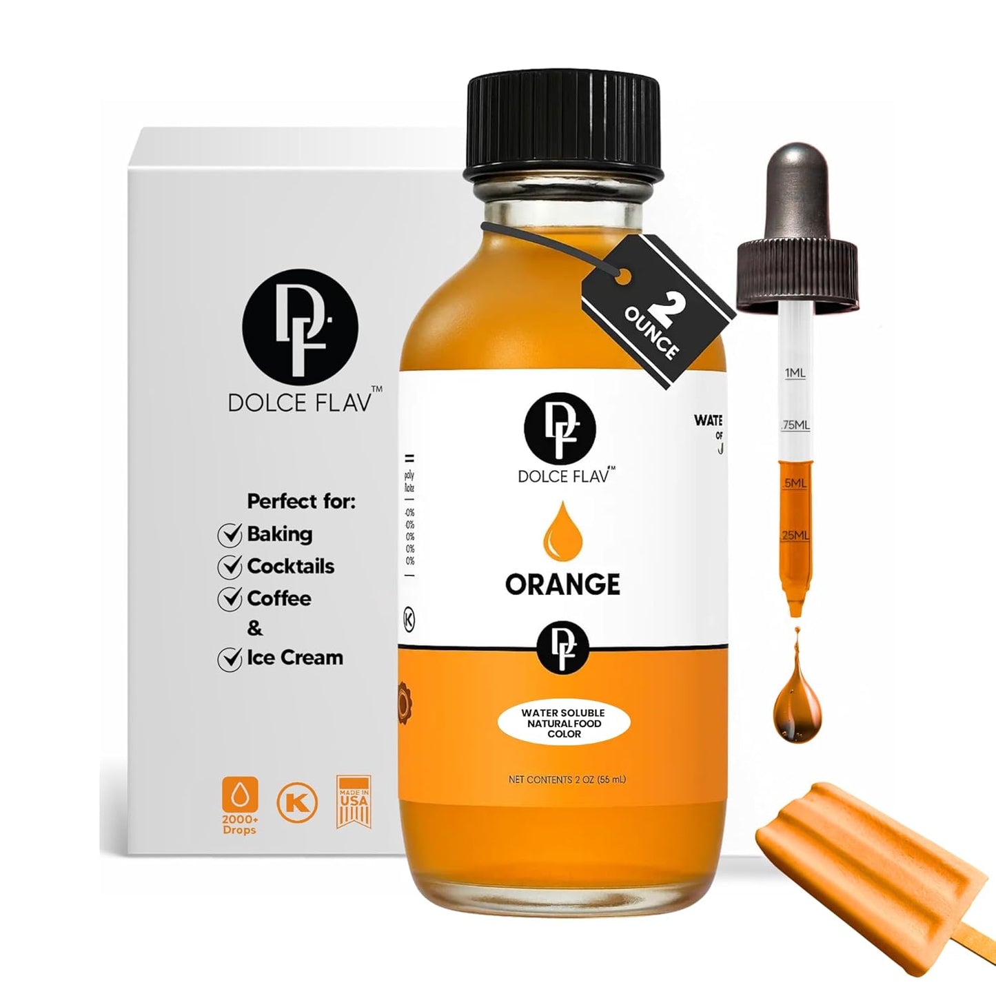 Dolce Flav Natural Orange Food Coloring – 2 oz Bright Plant-Based Liquid Dye | Water-Soluble Color for Baking, Drinks & Desserts | Graduated Dropper Included | No Artificial Dyes | Kosher | Made in USA