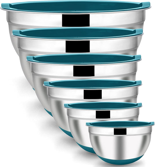 LIANYU Stainless Steel Nesting Mixing Bowls Set of 6, Non-slip Bottom & Airtight Lids, Size 7, 3.5, 2.5, 2, 1.5, 1QT, Large Metal Bowls for Cooking, Baking, Food Storage, Dark Blue