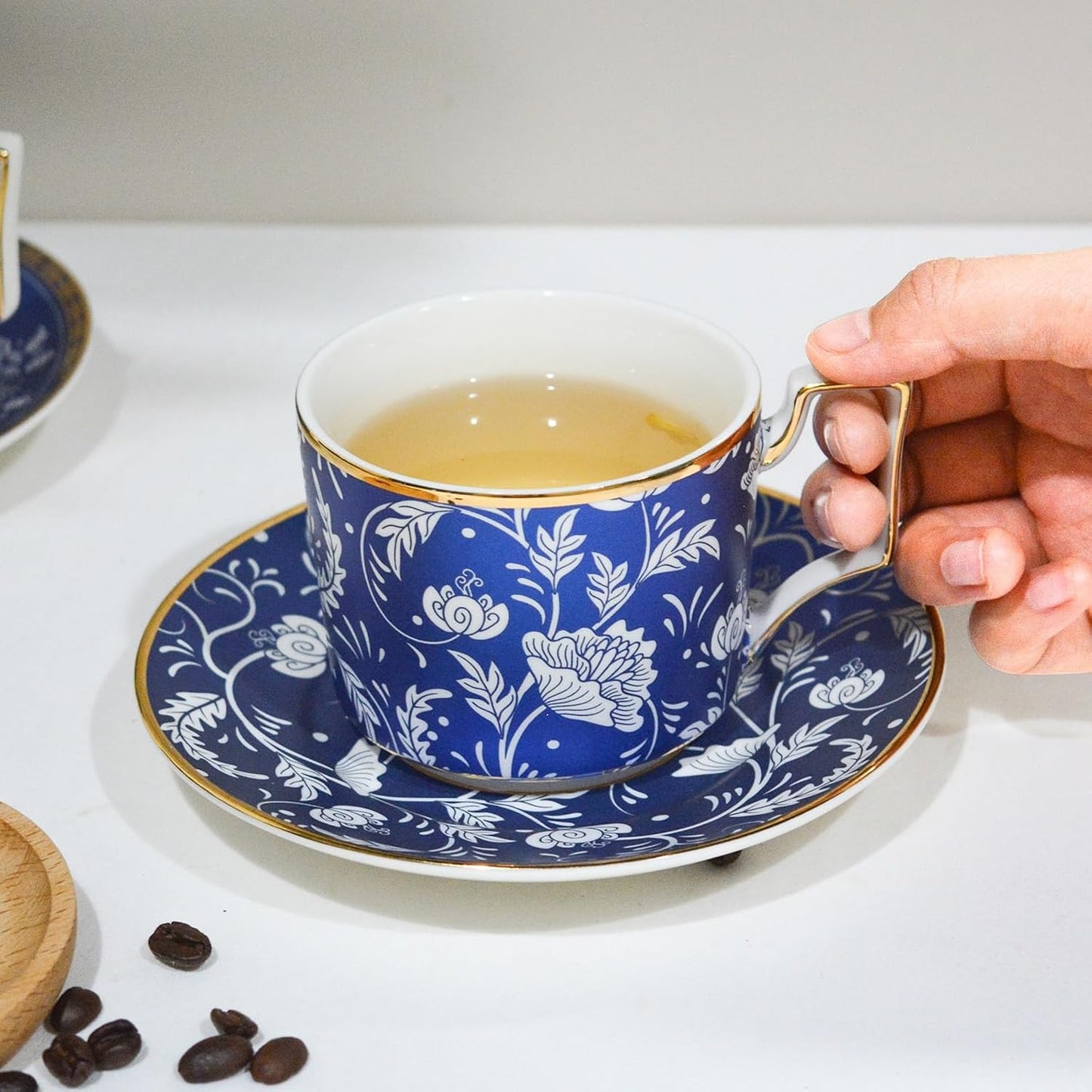 ACMLIFE Bone China Tea Cups and Saucers Set of 4, 6.8 oz Blue and White Tea Cups Set of 4, with Gold Trim and Gift Box (Blue-4)