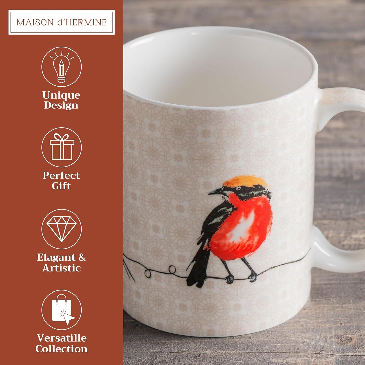 Maison d' Hermine Coffee Mug with Handles Fine Bone China Mugs Pack of One Tea Cups for Hot Beverages Cappuccino Latte Home Restaurant Office Perfect for Gift (Birdies On Wire - Nuthatch, 12 Ounce)