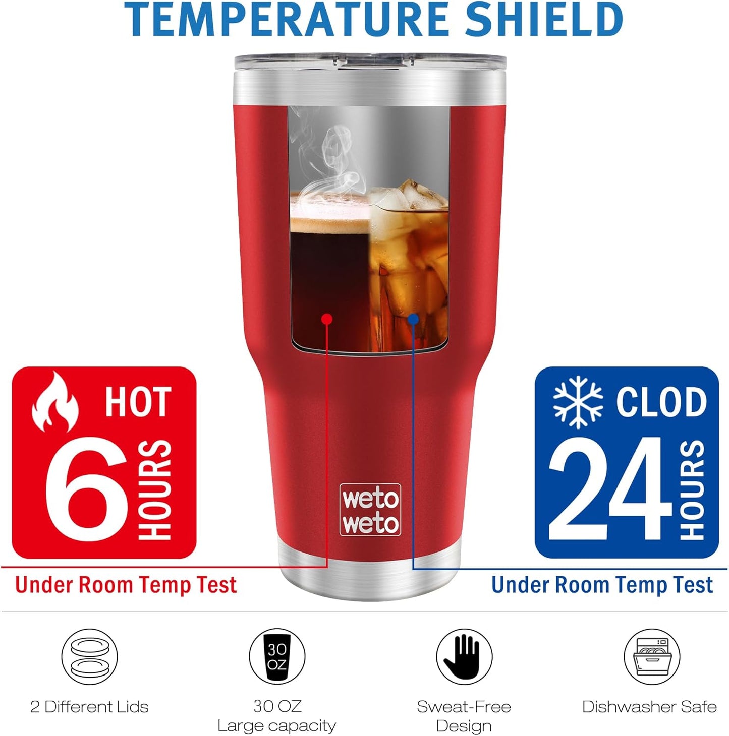 WETOWETO 30oz Tumbler, Stainless Steel Vacuum Insulated Water Coffee Tumbler Cup, Double Wall Powder Coated Spill-Proof Travel Mug Thermal Cup for Home Outdoor (Red, 1 Pack)