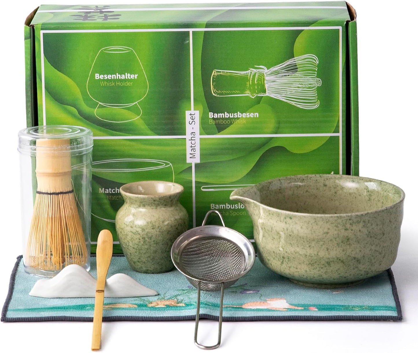 matcha whisk set,matcha set, including matcha bowl, matcha whisk and stand, sieve, spoon, cloth mat, gift for matcha lovers (Green)