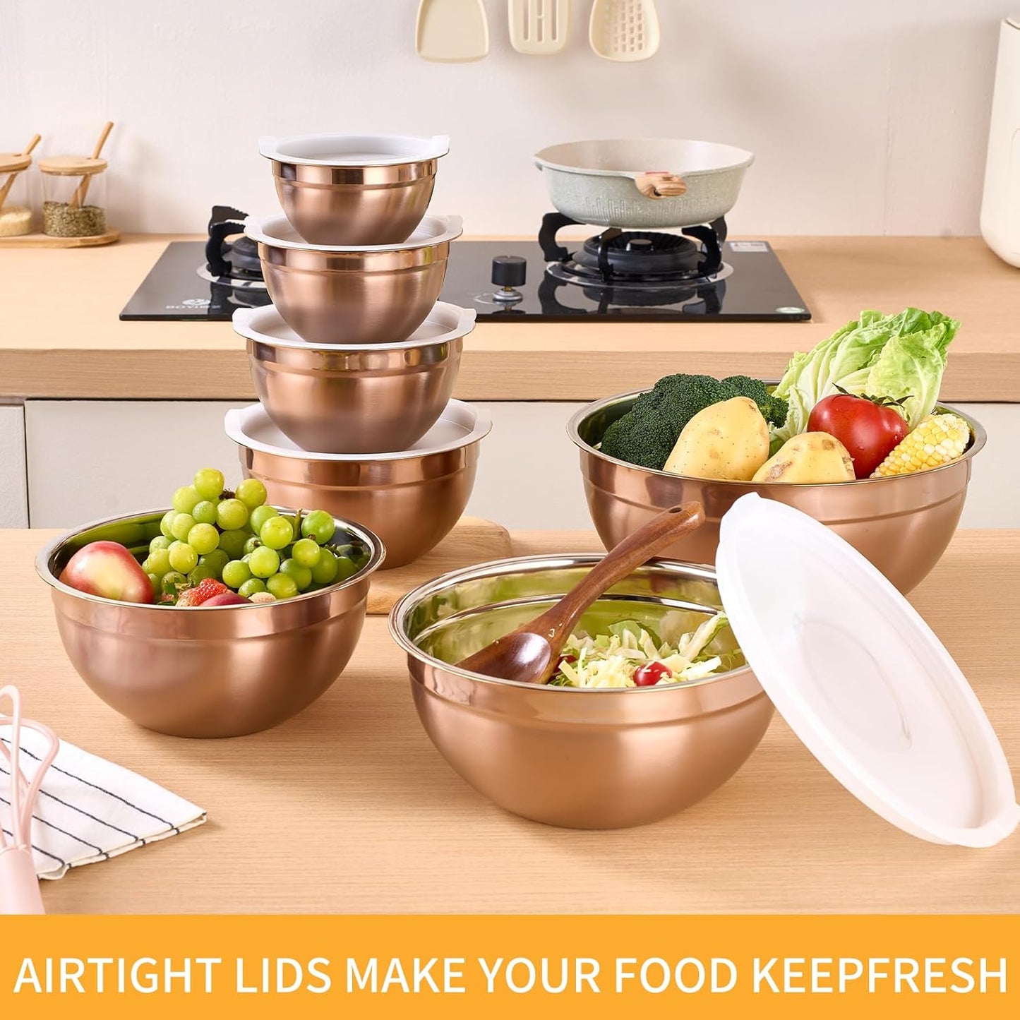 Rose Gold Mixing Bowls With Airtight Lids,Stainless Steel Bowl,Salad Bowls 7 Piece Colorful Nesting Bowl Rose Gold Kitchen Accessories,Size 7,3.6,2.7,2.1,1.5,1.1,0.8QT Stackable Design