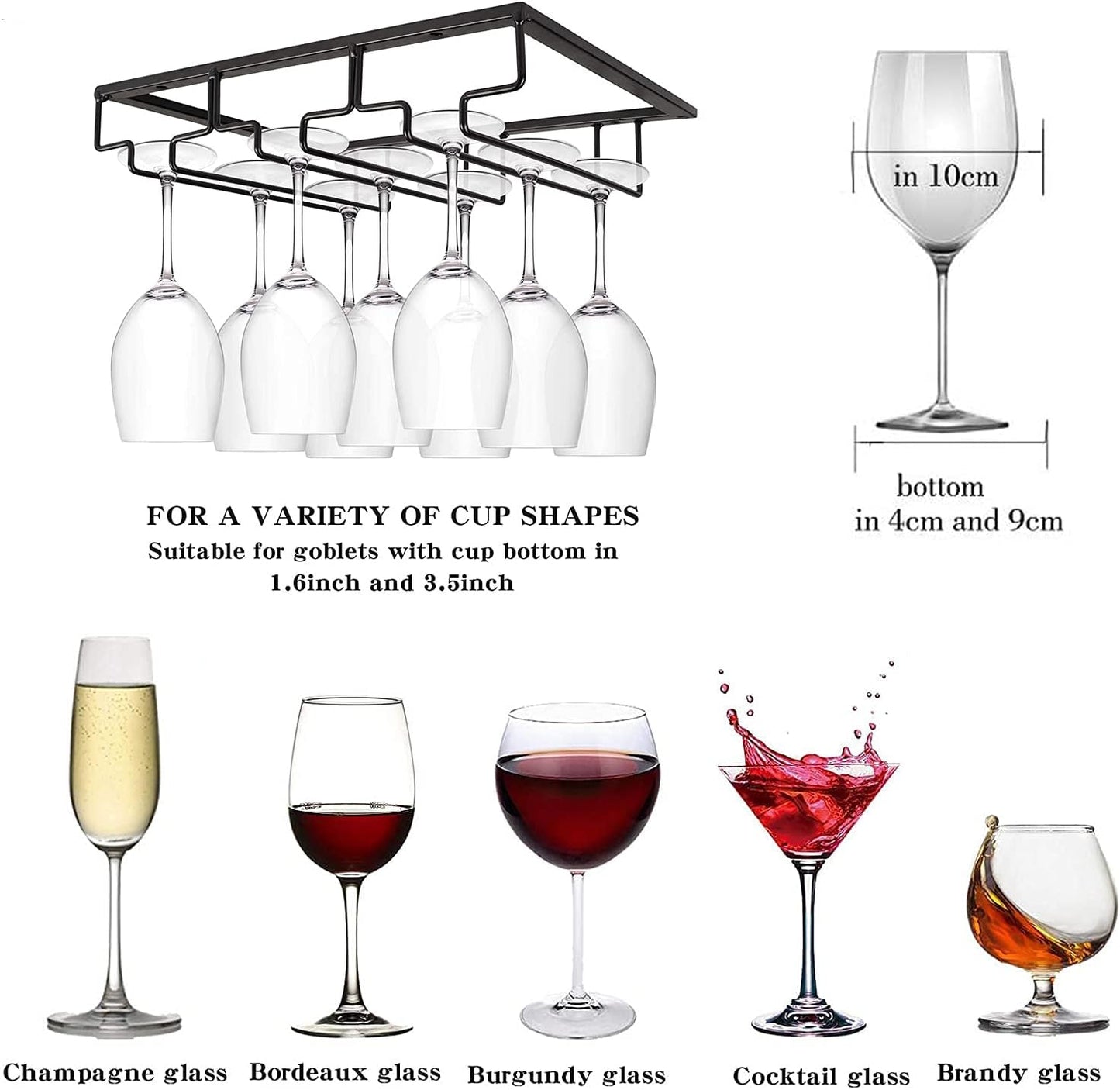 Wine Cup Holder Table Decoration Storage Hanger Metal Organizer for Bar Kitchen Stemware Rack Under Cabinet Stainless Steel Hanger Storage Shelf Black (Black, 3 Rows 1 Pack)