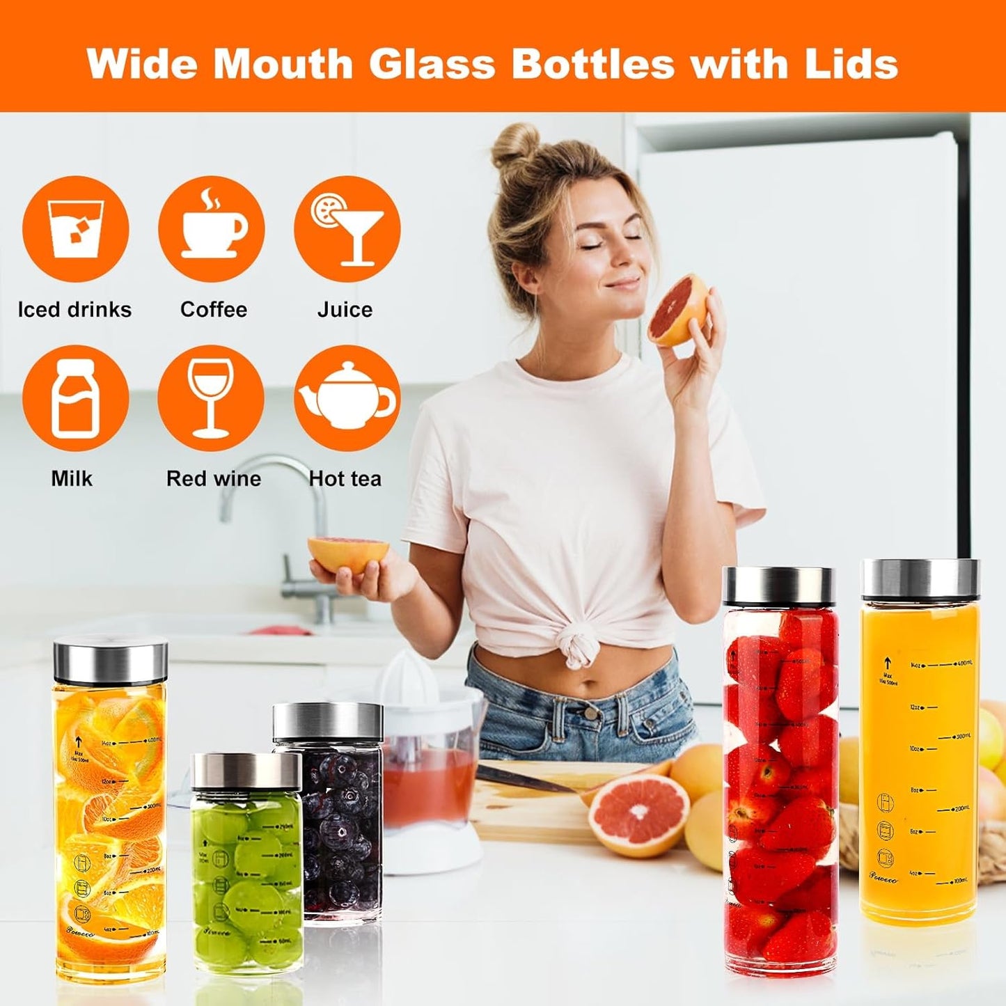 Glass Juice Bottles 4 Pack 20 oz - Wide Mouth Glass Water Bottles with Lids - for Juicing, Protein, Smoothie, Milk, Reusable, BPA Free, Stainless Steel Lids, Blender, Shaker Bottle [20oz/600ml]