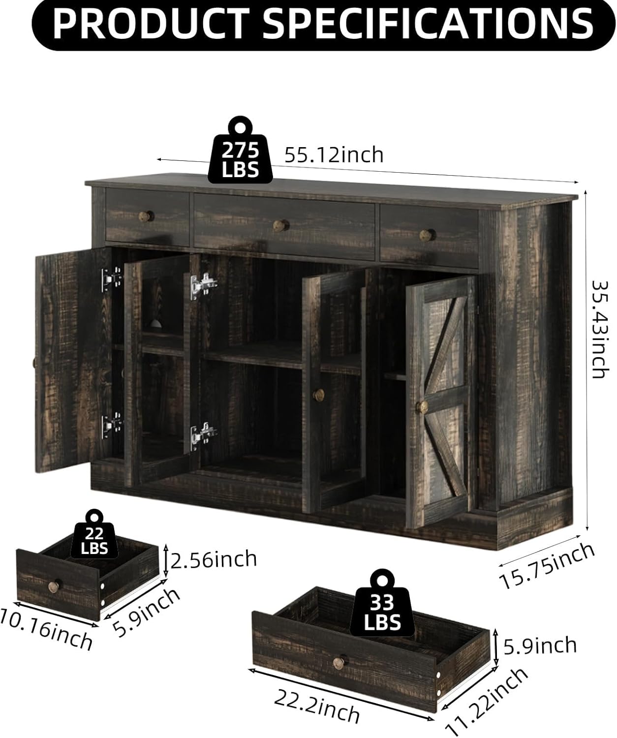 4 EVER WINNER 55" Coffee Bar with 4 Glass Doors and 3 Drawers, Sideboard Buffet Cabinet with Storage, Farmhouse Coffee Bar Cabinet with Adjustable Shelves for Kitchen, Dining Room, Rustic Oak