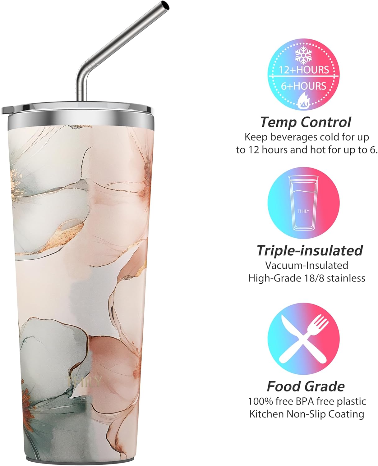 THILY Stainless Steel Vacuum Insulated Tumbler 26 oz Travel Mug Wide Mouth Coffee Cup with 2 Lids and Straws, Splash Proof, BPA Free, Keep Iced Drinks Cold, Golden Bloom Whispers