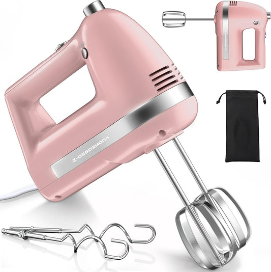 Electric Hand Mixer, Powerful 300W Hand Mixer Electric Handheld with 304 Beaters, Dough Hook,Hand Held Mixer with Turbo for Baking Cakes, Eggs, Cream Food(Pink)