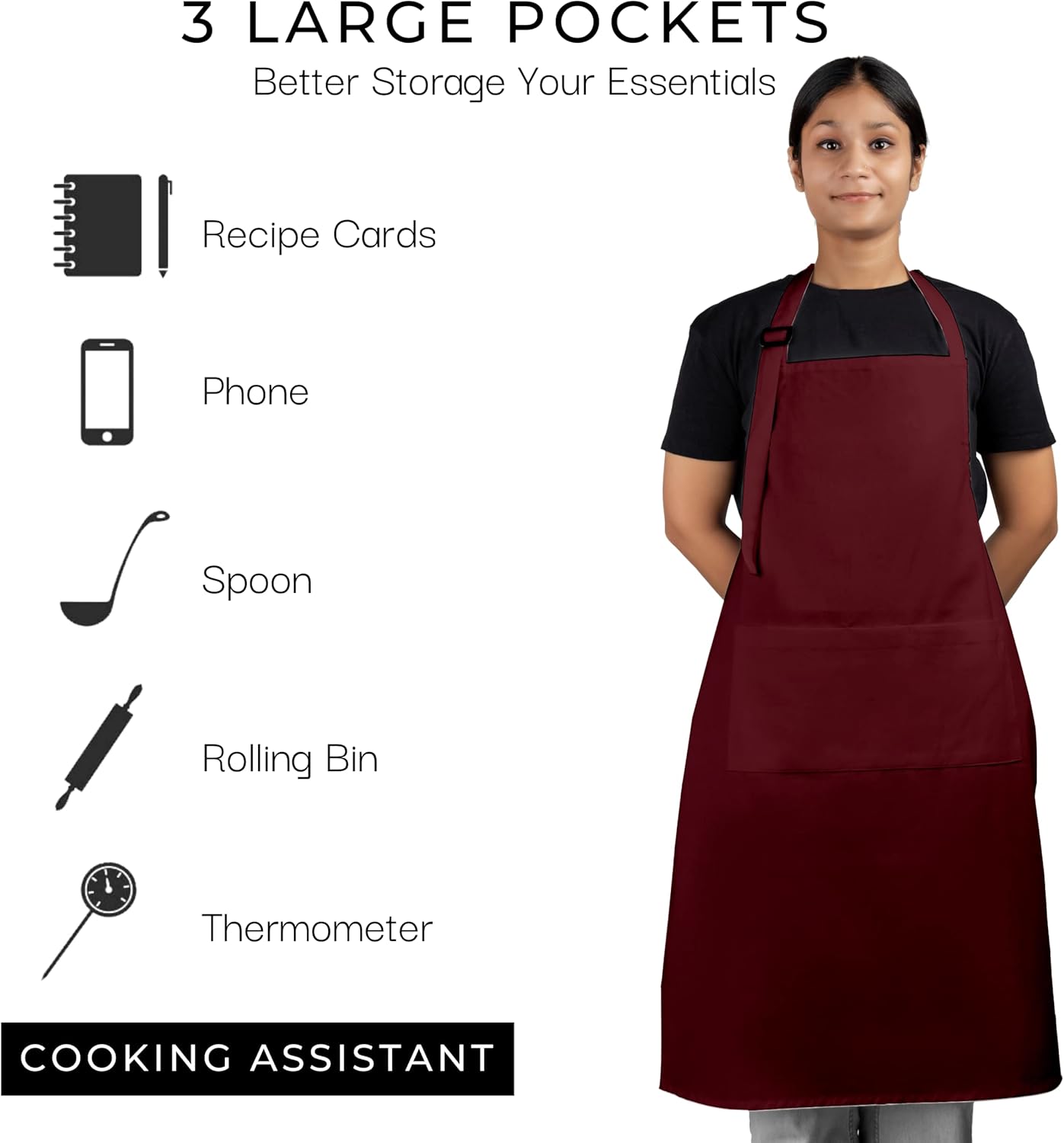 RAJRANG 100% Cotton Cooking Apron with 3 Pockets Kitchen Chef BBQ Adjustable Bib Aprons for Women Men