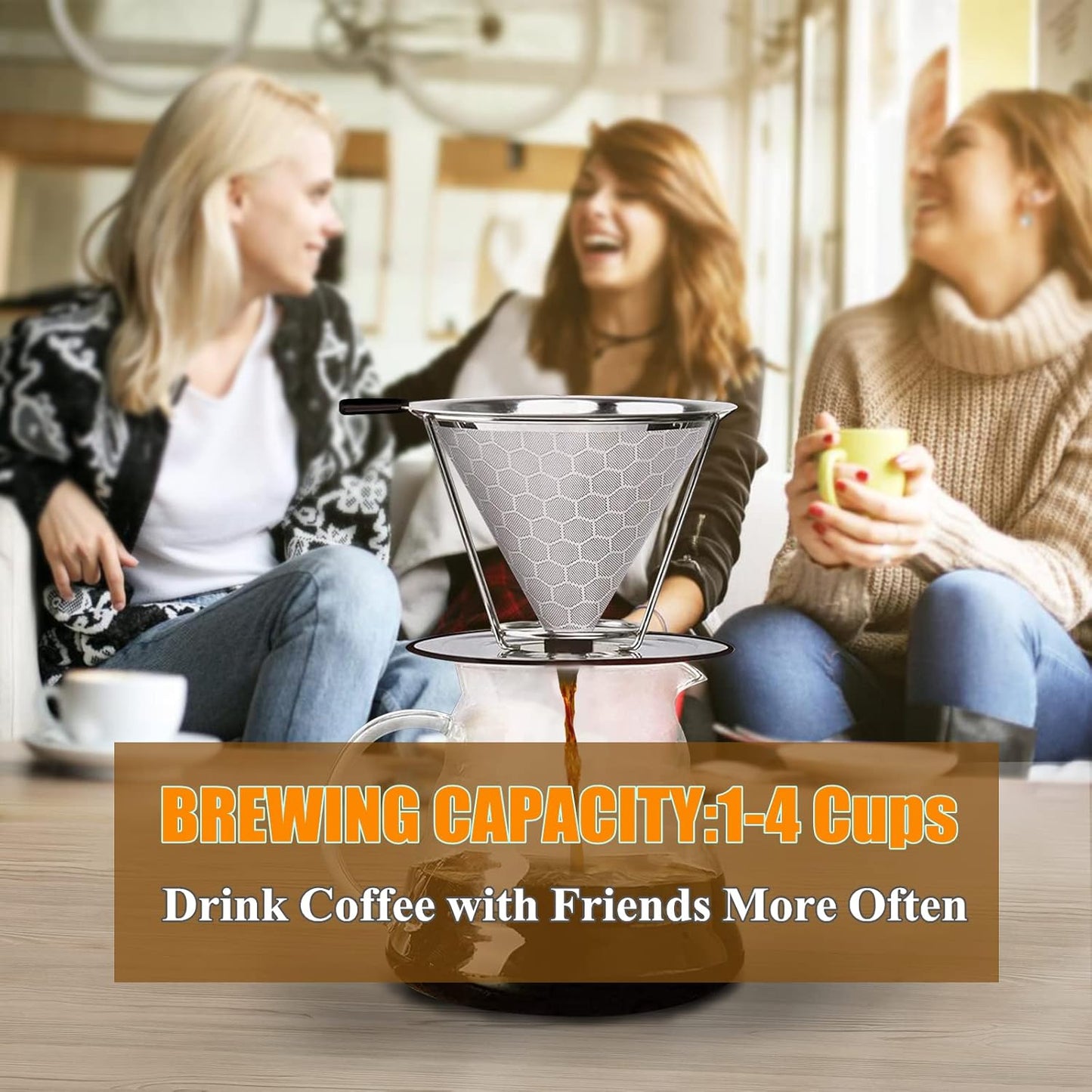 Pour Over Coffee Dripper, Reusable Cone Coffee Filter 1-4 cup, Stainless Steel Portable Coffee Filters Coffee Maker with Cleaning Brush for Home Office Travel Camping