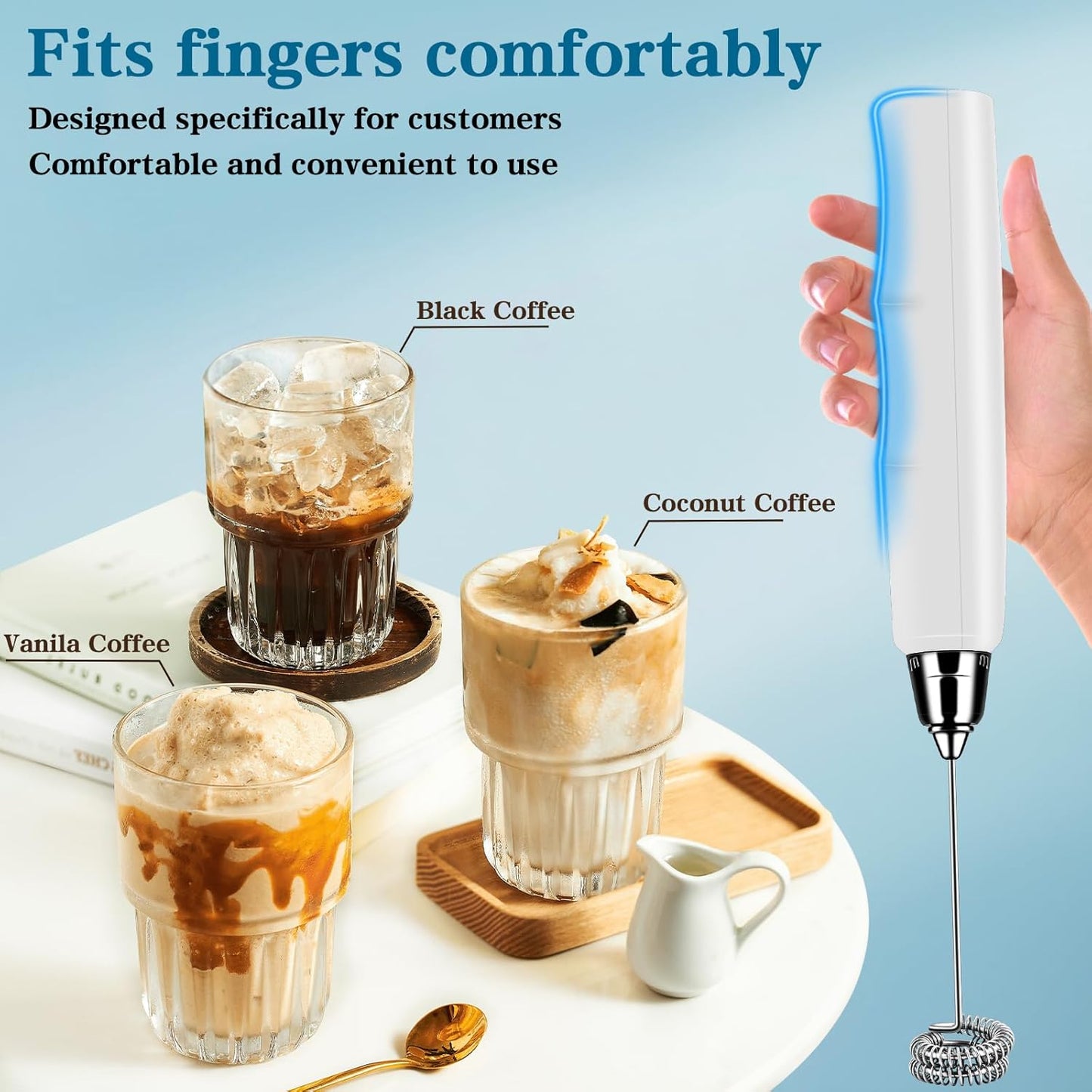 Milk Frother Handheld for Coffee, Electric Whisk 3 Speed Adjustable, Drink Mixer with Stainless 3 Whisks, Rechargeable Hand Frother Wand, Foam Maker for Latte Cappuccino Hot Chocolate Egg White