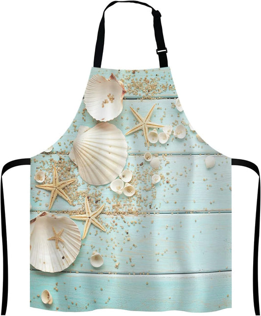 Ocean Beach Funny Apron for Women and Men, Wooden Seashell Adjustable Kitchen Chef Apron for Cooking Baking - Cute Birthday, Anniversary, Mother's Day Apron Gifts for Mom Wife Girlfriend Aunt Grandma