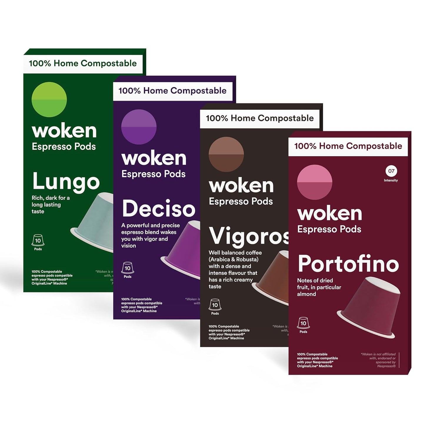 Woken Coffee Compostable Nespresso Pods Variety Pack - Dark and Medium Roast Italian Espresso Compostable Coffee Pods Compatible with Nespresso Machine (40 Pod Count, 4 Boxes)