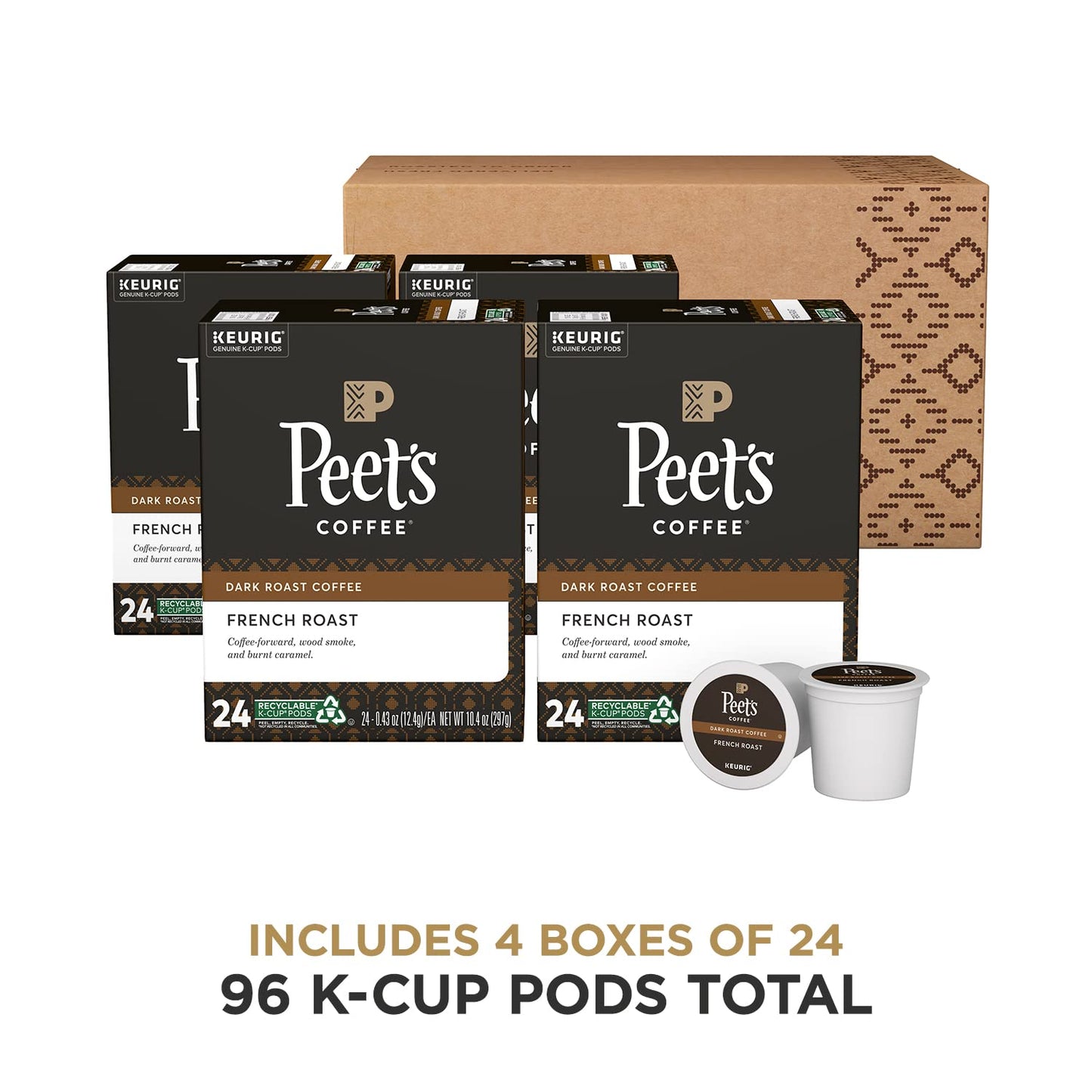Peet's Coffee, Dark Roast K-Cup Pods for Keurig Brewers - French Roast 96 Count (4 Boxes of 24 K-Cup Pods)