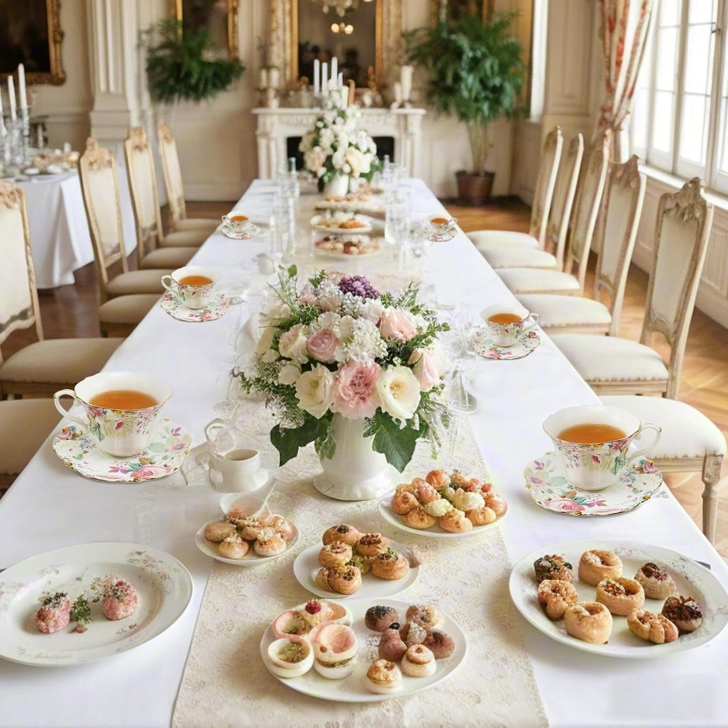 TATSUMI Country Roses 18 Peices Bone China Tea Cup And Saucer Set, English Vintage Tea Cups Of 6 For Women And Tea Party Sets(Pink,6 sets)