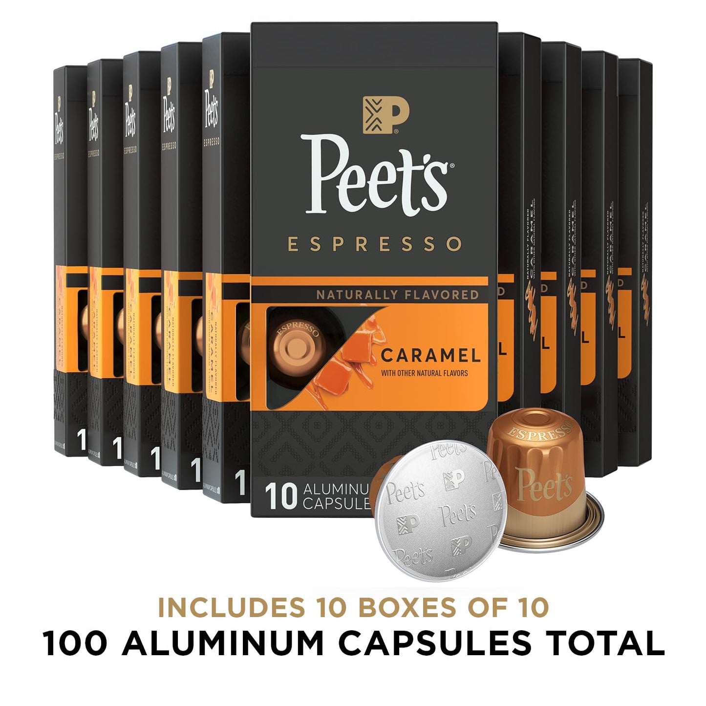 Peet's Coffee, Medium Roast Espresso Capsules, Compatible with Nespresso Original Machine - Caramel, 100 Count (10 Boxes of 10 Espresso Capsules)