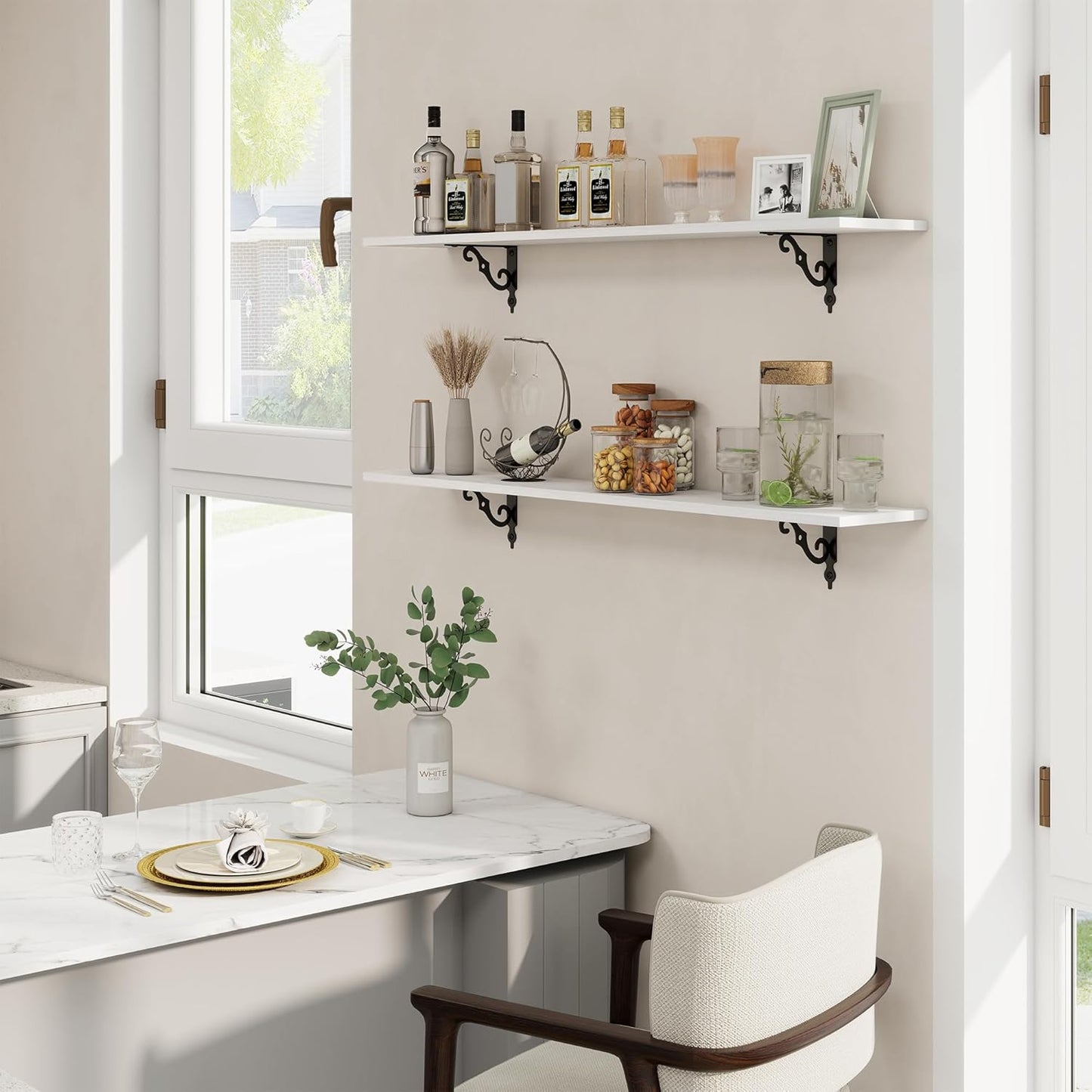 RICHFOCUS Floating Shelves for Wall Decor, 47.3W x 8D Wall Shelves Set of 2, 8 Inch Deep Rustic Wood Shelves Wall Mounted with Brackets, Long Floating Shelves for Living Room Bedroom Kitchen, White