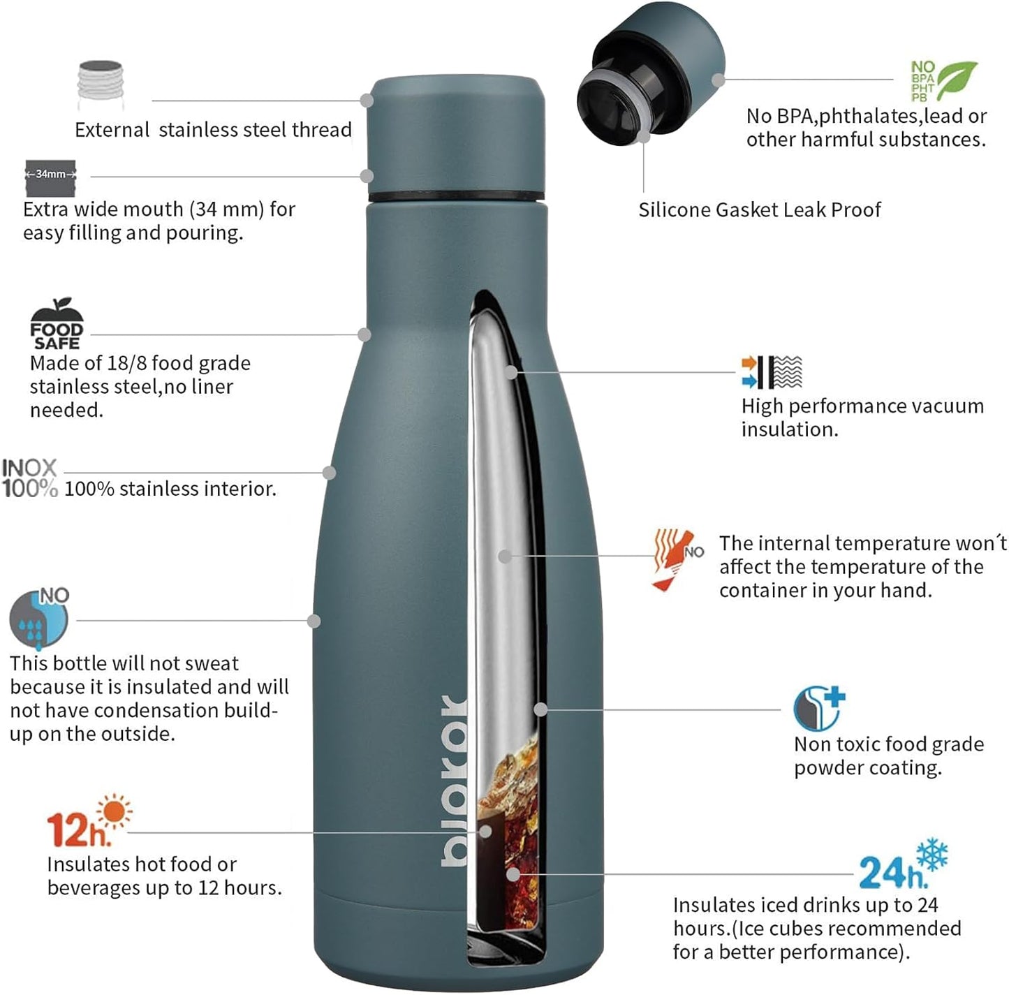 BJPKPK 12oz Water Bottles Stainless Steel Double Wall Vacuum Insulated Small Water Bottles for Travel,Deep Grey