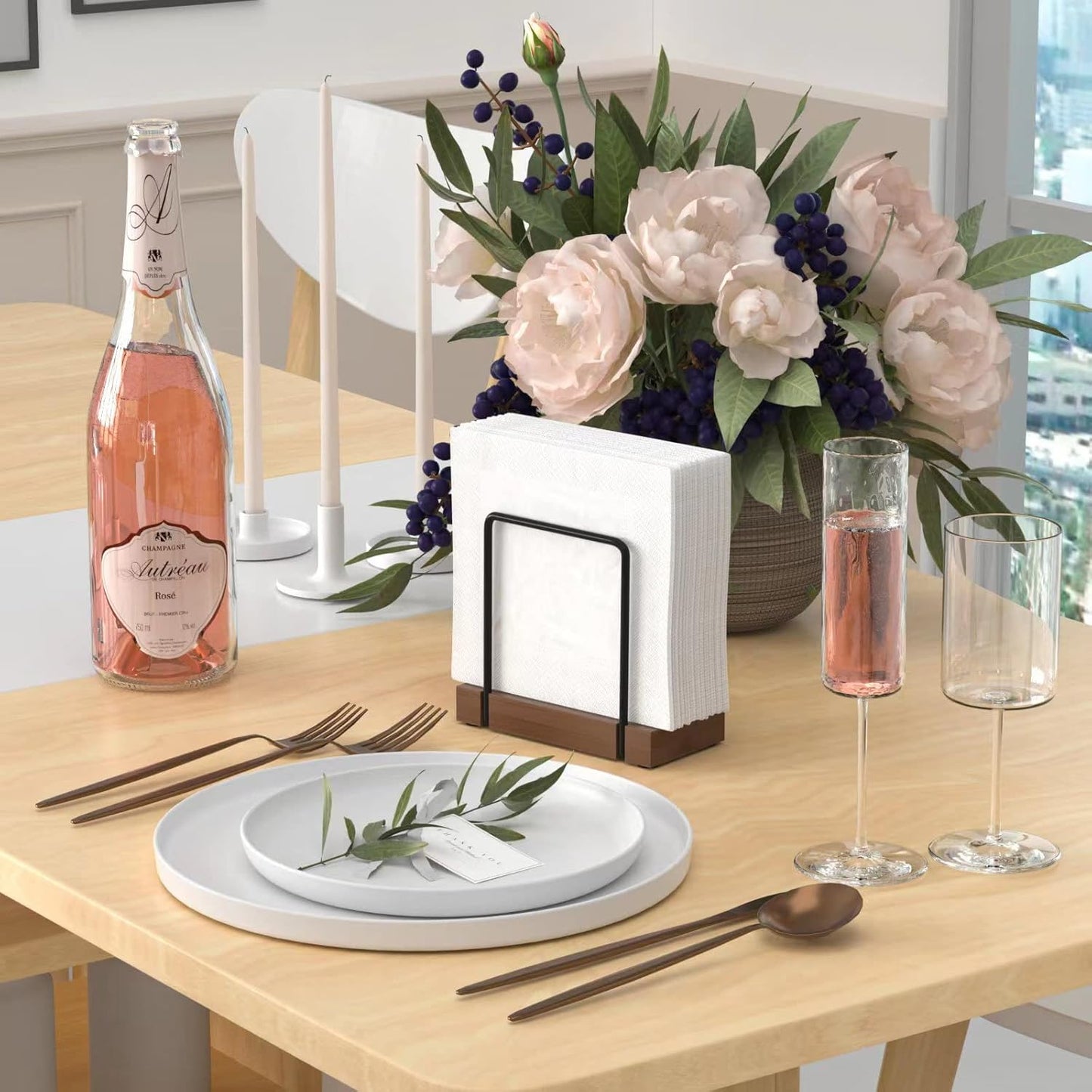 Napkin Holder for Table, Bamboo Iron Standing Napkin Dispenser for Dining Table Farmhouse Cocktail Picnic Rustic Wood Holders All Kitchen Dining Room Decor Black & Brown