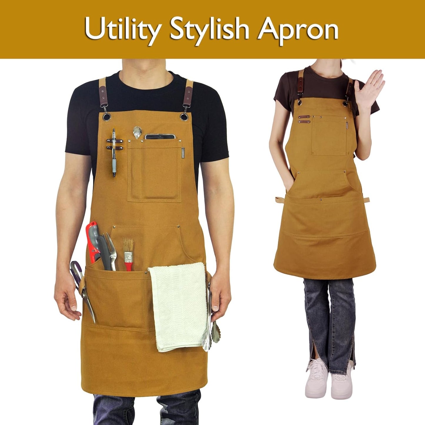 5 Pack Kitchen Aprons, Work Apron, Canvas, Multiple Pockets, Gardening, Painting, BBQ, Artist, Carpenter, Sizes M to XXL, Khaki
