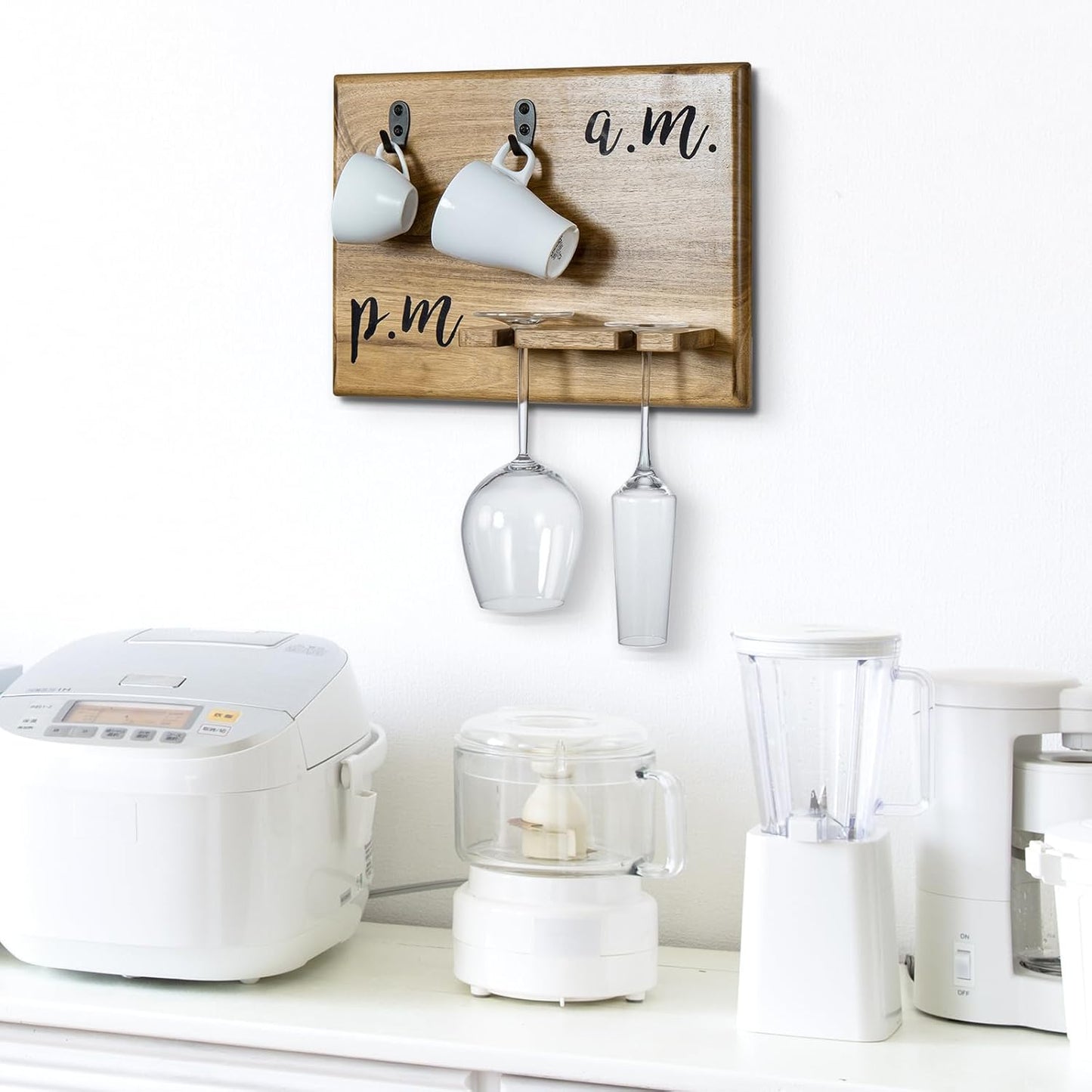 MyGift Premium Solid Acacia Wood Wall Mounted Mug and Wine Glass Holder Rack – Rustic Coffee and Wine Bar Organizer with Cursive A.M. / P.M. Design